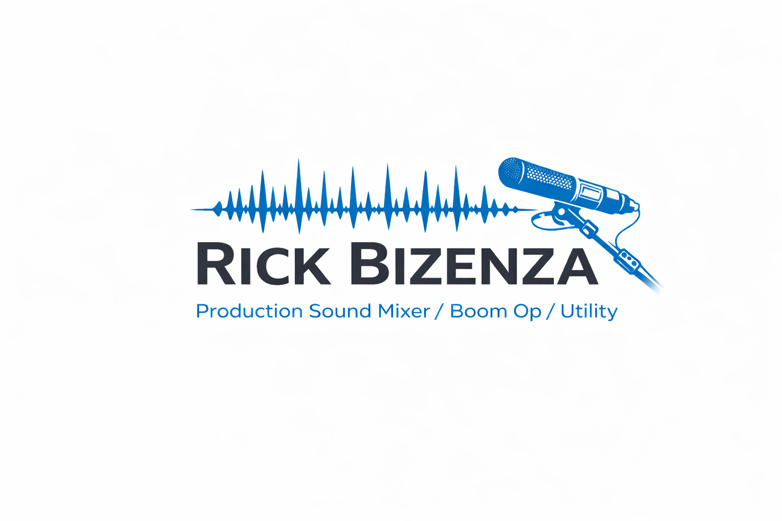Logo for Rick Bizenza featuring a blue microphone with a sound wave, with text that reads 'Rick Bizenza' and 'Production Sound Mixer / Boom Op / Utility'.