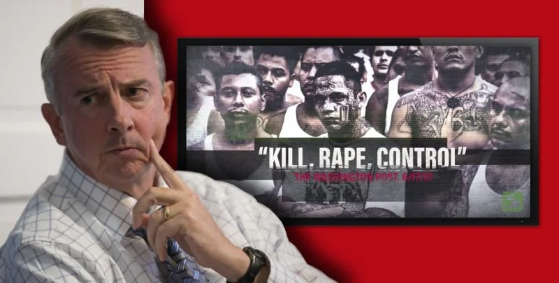 Failed Republican gubernatorial candidate Ed Gillespie next to a screen capture from his campaign television ad. Photo illustration: Yahoo News; photos: Steve Helber/AP; screen capture from ad, Getty Images.