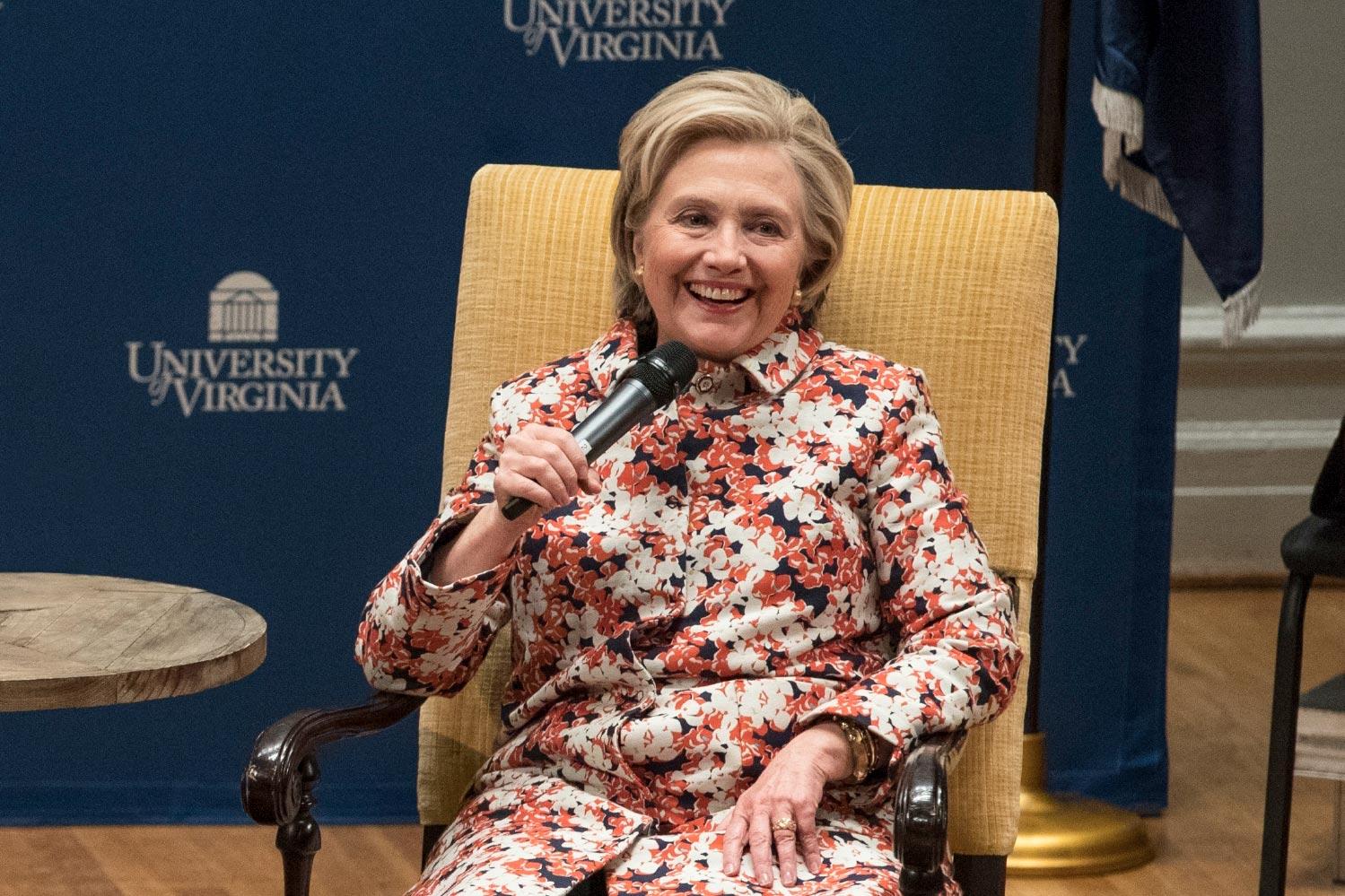 Former Secretary of State Hillary Rodham Clinton speaks to a crowd of students at Old Cabell Hall. Photo courtesy of UVA Today .