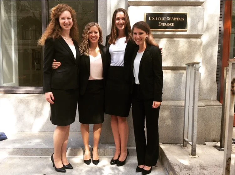 Clinic participants Sarah Crandall ‘19, Amanda Lineberry ‘19, Kendall Burchard ‘19, and Elizabeth “Lizard” Joynes ‘19 on the steps of the Federal Courthouse in Richmond. Photo courtesy Amanda Lineberry / Instagram.
