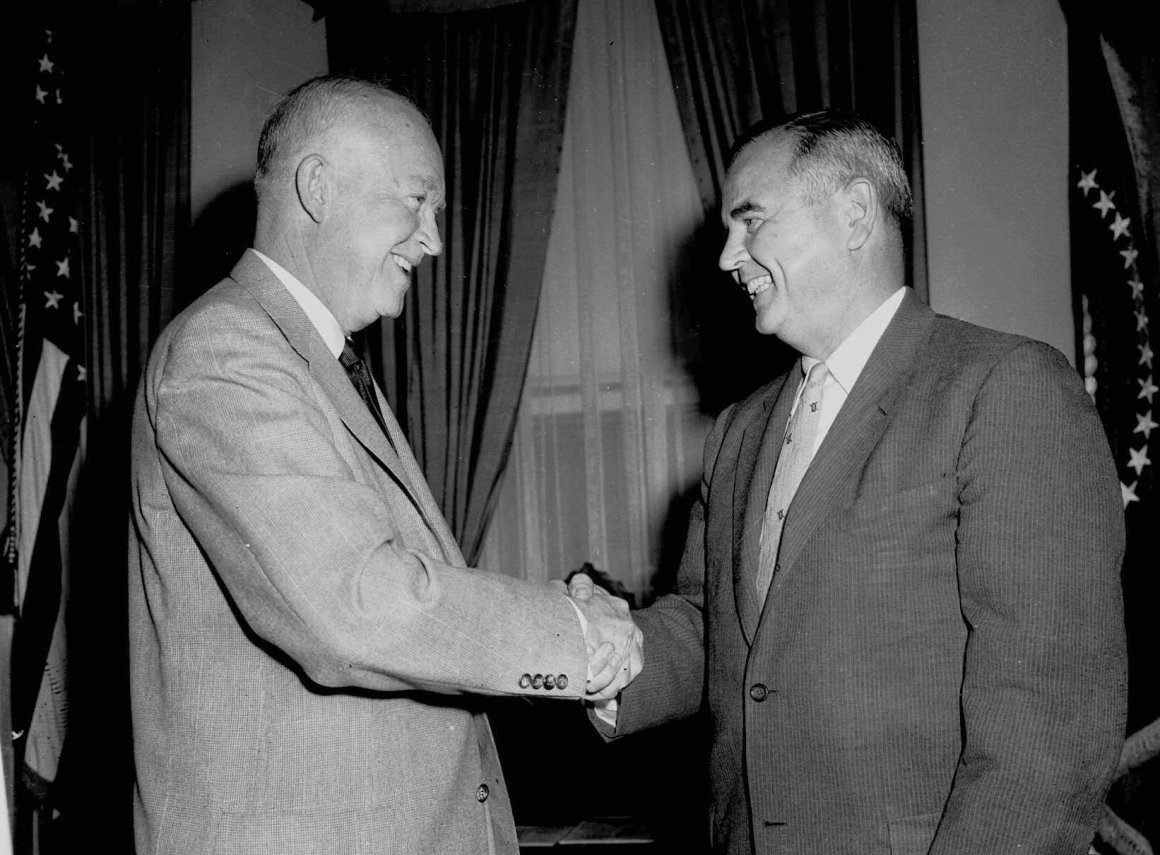 Judge Brennan is congratulated by President Eisenhower after his selection to the Supreme Court. Photo courtesy Associated Press.