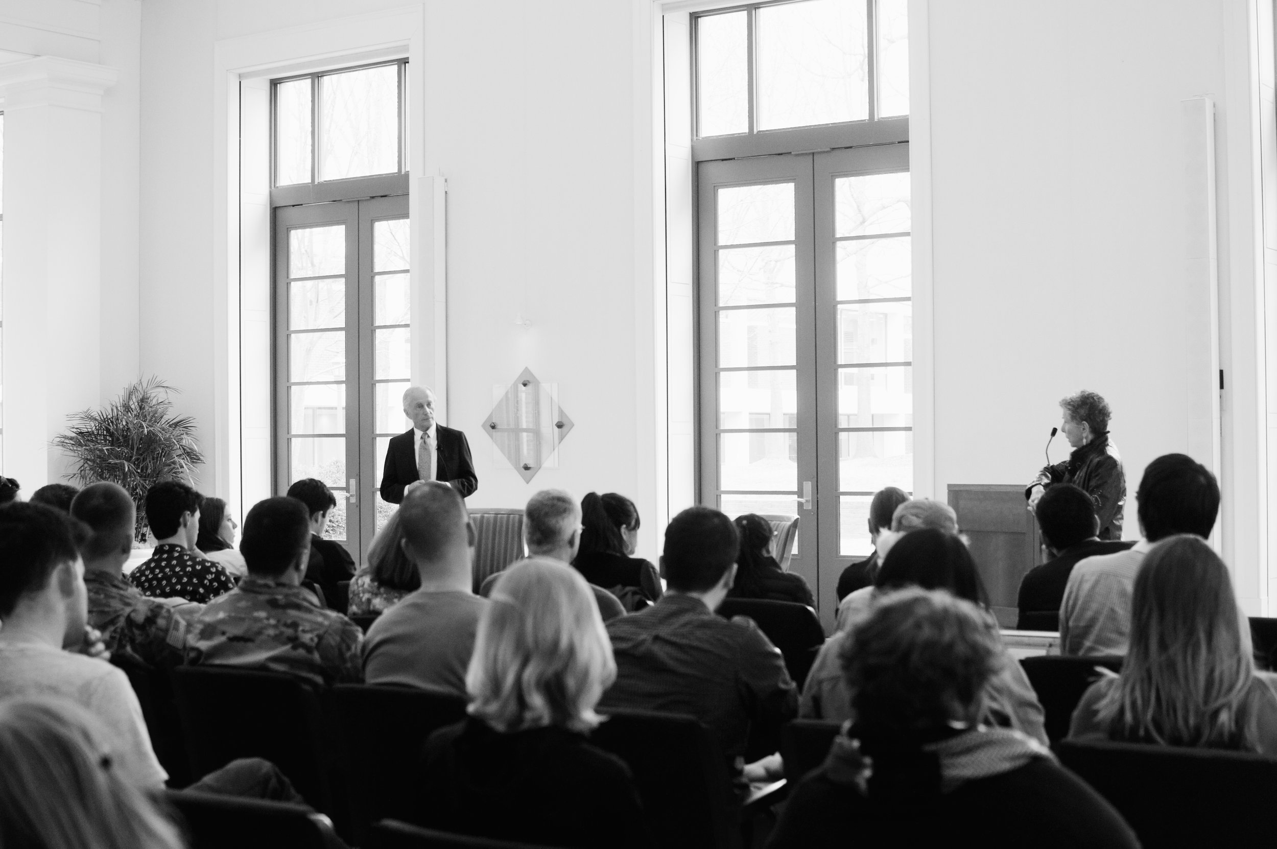 Allan Hall speaking to an audience in Caplin Pavilion last week about his experiences in Nazi-occupied Germany and the importance of civic engagement and the rule of law in combatting extremism. Photo credit Kolleen Gladden ‘21.