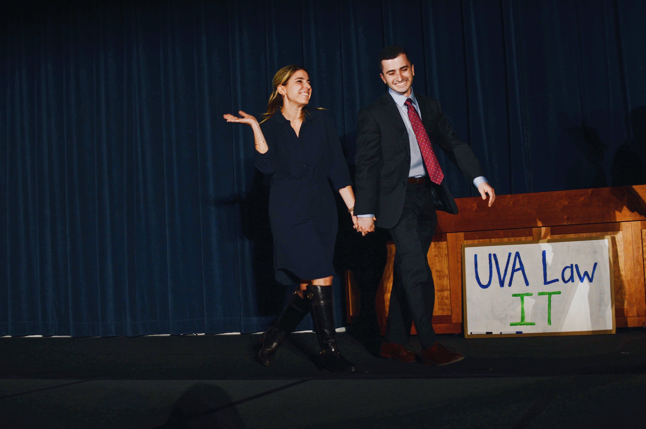 Jenny Lewis ‘20 and Blake Steinberg ‘20 as Vice Dean Leslie Kendrick and Professor Micah Schwartzman in the “Weakest Spouse” sketch. Photo credit Kolleen Gladden ‘21.