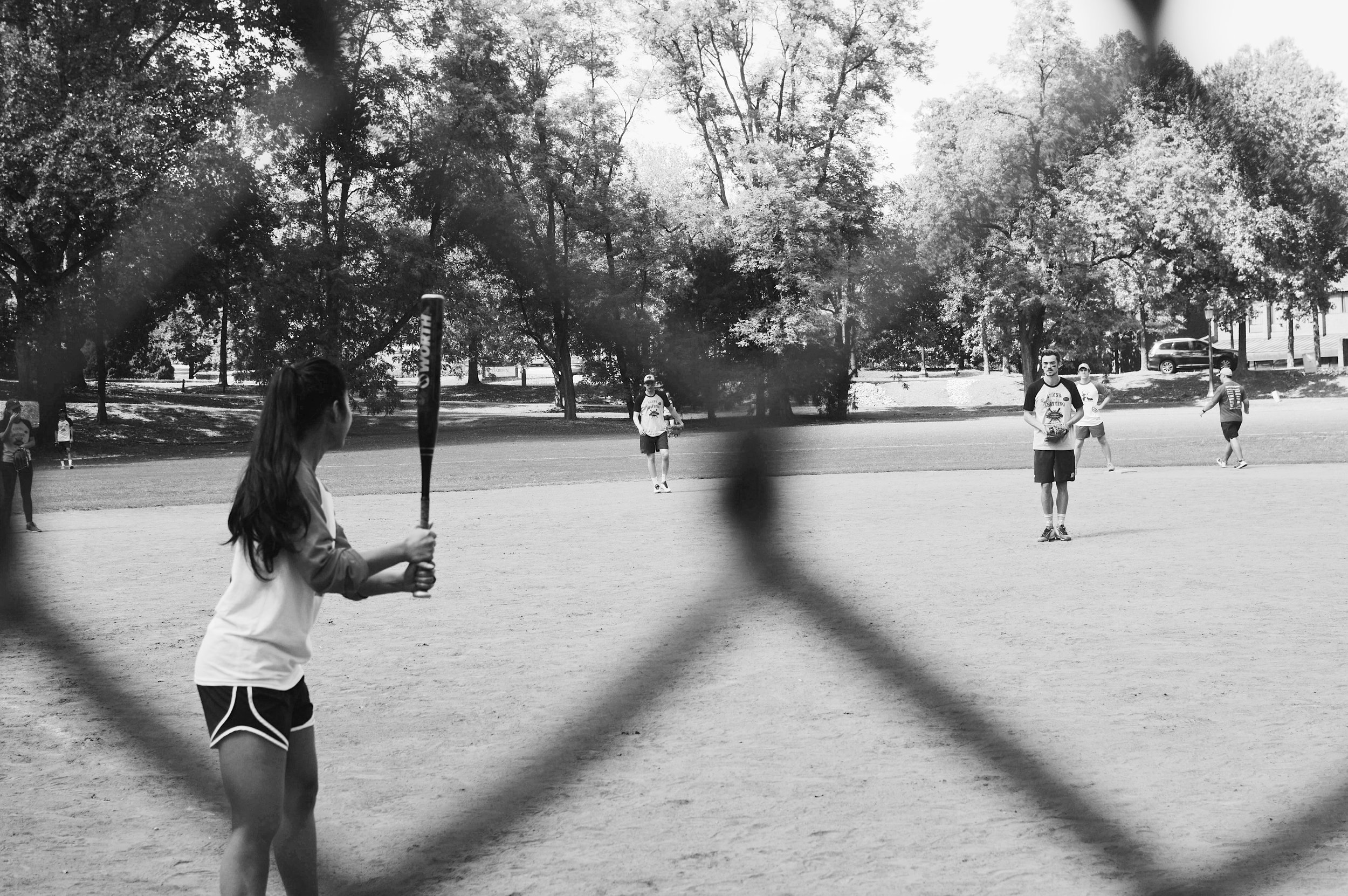 1Ls square off— in a very collegial manner— on the softball field. Photo credit Kolleen Gladden ‘21.