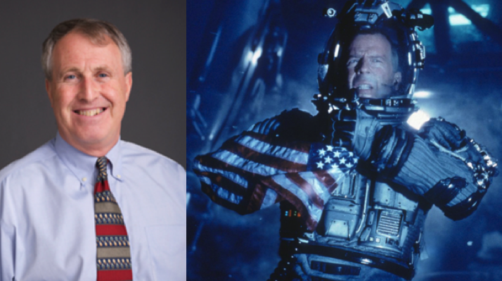 Pictured: Professor Koplow discussed Armageddon-like scenarios in space. Bruce Willis did not feature as a possible solution. Photo Courtesy of Drew Calamaro, ’21, law.georgtown.edu, and news.sky.com.