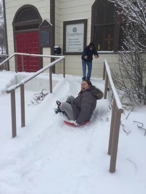 Two of our students, making creative use of Canterbury’s ramp.