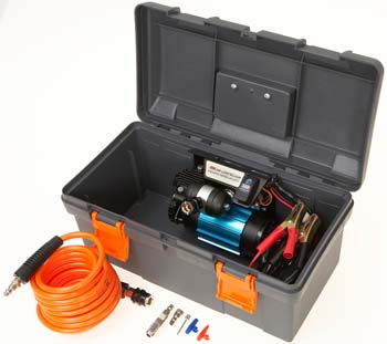 This portable air compressor from ARB (CKMP12) includes everything you need for airing up tires at the end of a trail. The kit comes with adapters to inflate sports balls, air mattresses or any number of other devices. The CKMA12 compressor that serves as the heart of this kit has been my weapon of choice for over 5 flawless years. Image: ARB