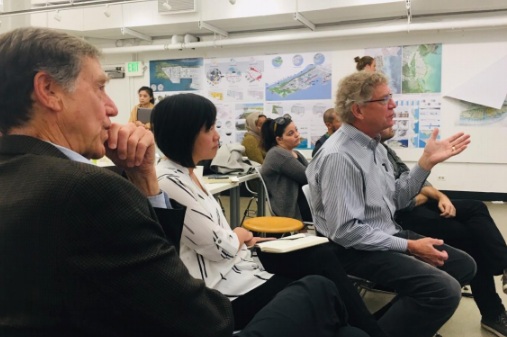 Harrison Fraker, Jane Lin, and Frank Fuller at the final review for ED 201 (2018). Photo by John Ellis.