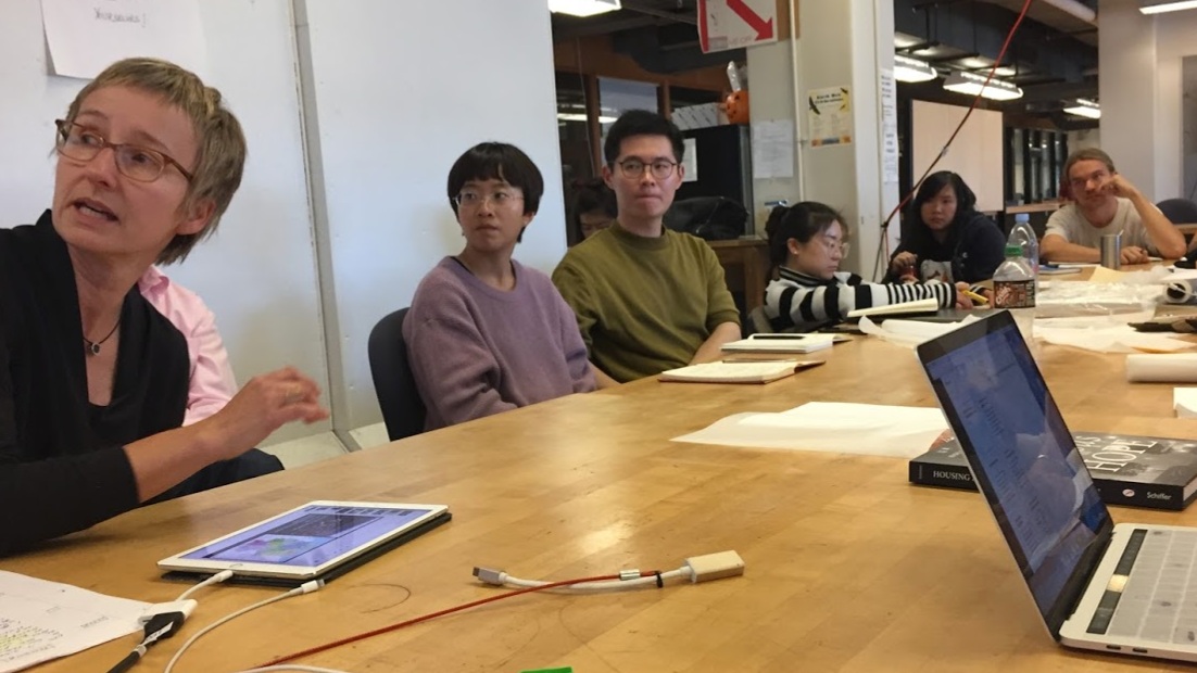 Heidi Sokolowsky guest lecturing at UC Berkeley’s Master of Urban Design Studio ED 201 (2018). Students pictured, Shiyao Li, Desong Shi, Simba Gu, Amber Hou, and Robin Hueppe. Photo by Jane Lin.