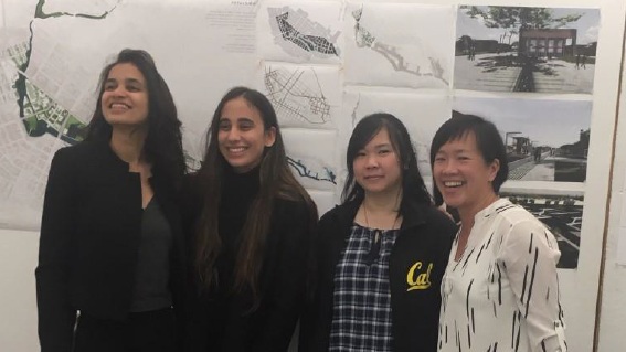 ED 201 Students Monica Prakash, Hana Zaky, and Amber Hou with Jane Lin (Lecturer), after their presentation of Resilient Urban Design ideas for the City of Petaluma (2018).