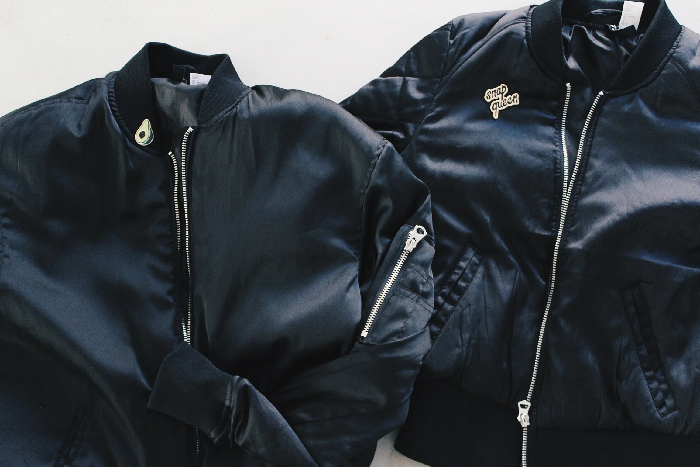 Women's Black Bomber Jacket with Lapel Pins