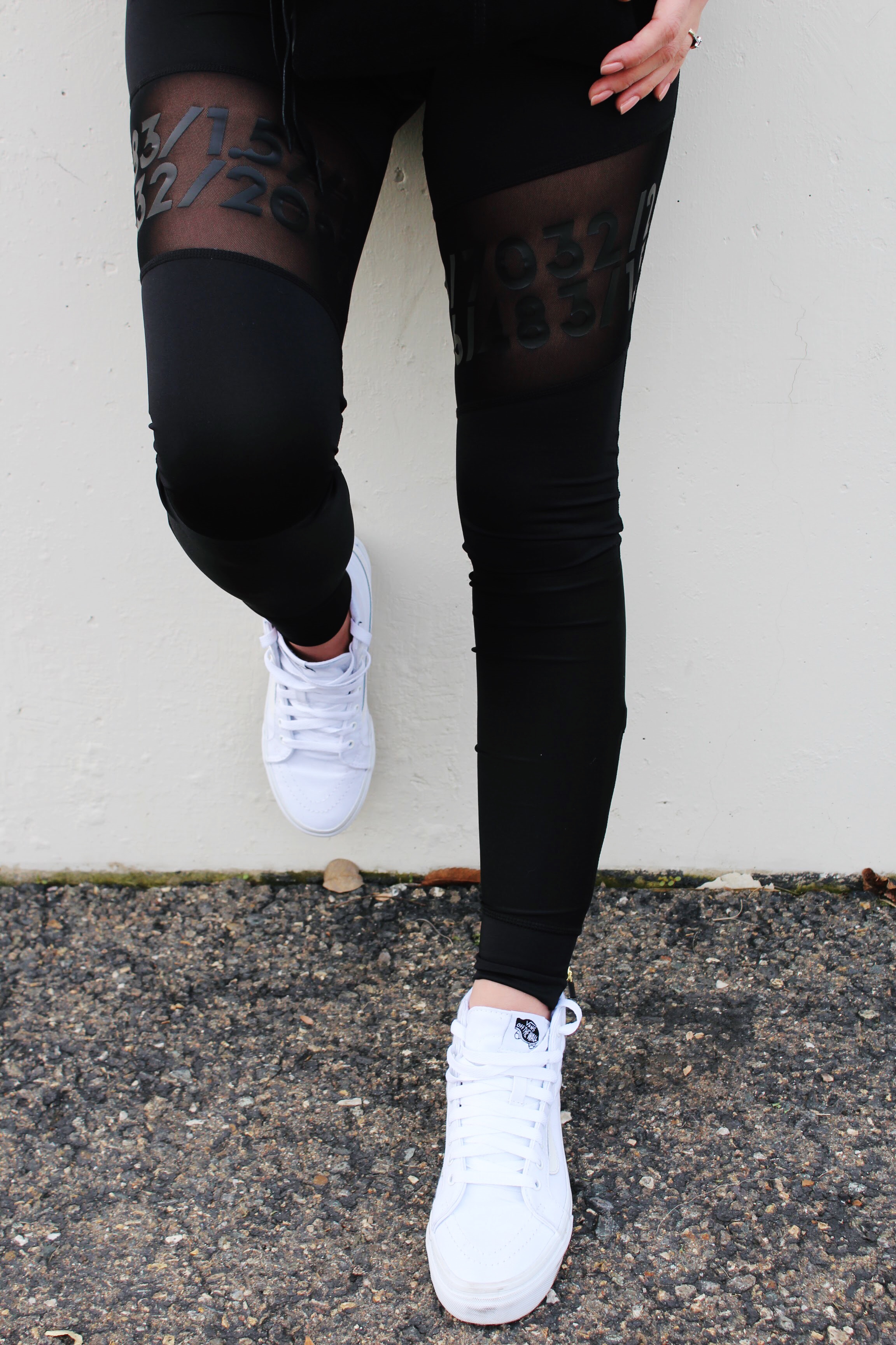 Black Leggings with Mesh Details and Classic SK8-Hi White Vans Shoes 
