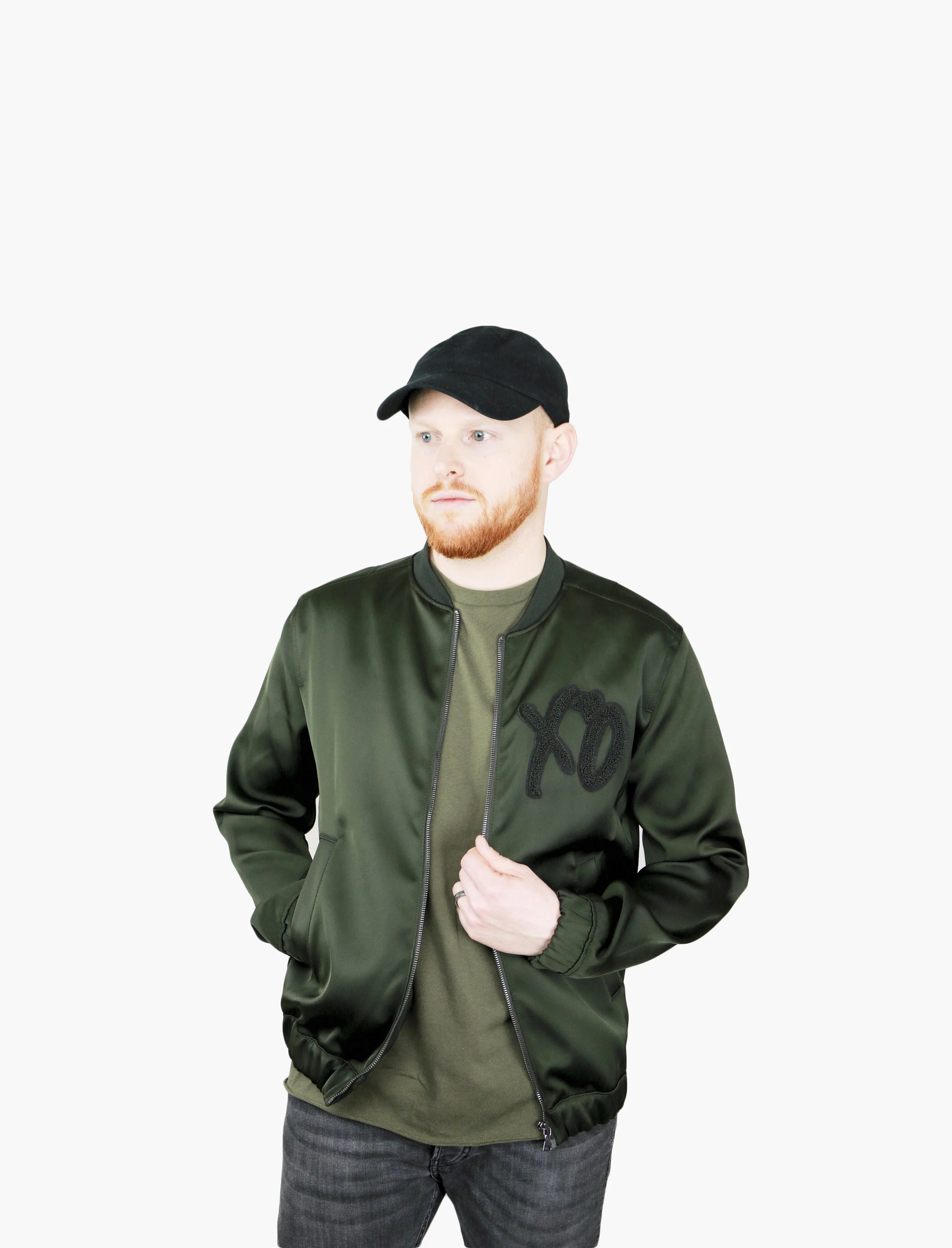 Black Dad Baseball Cap with Army Green Basic Mens Shirt. The Weeknd x H&M Green Satin XO Bomber Jacket 