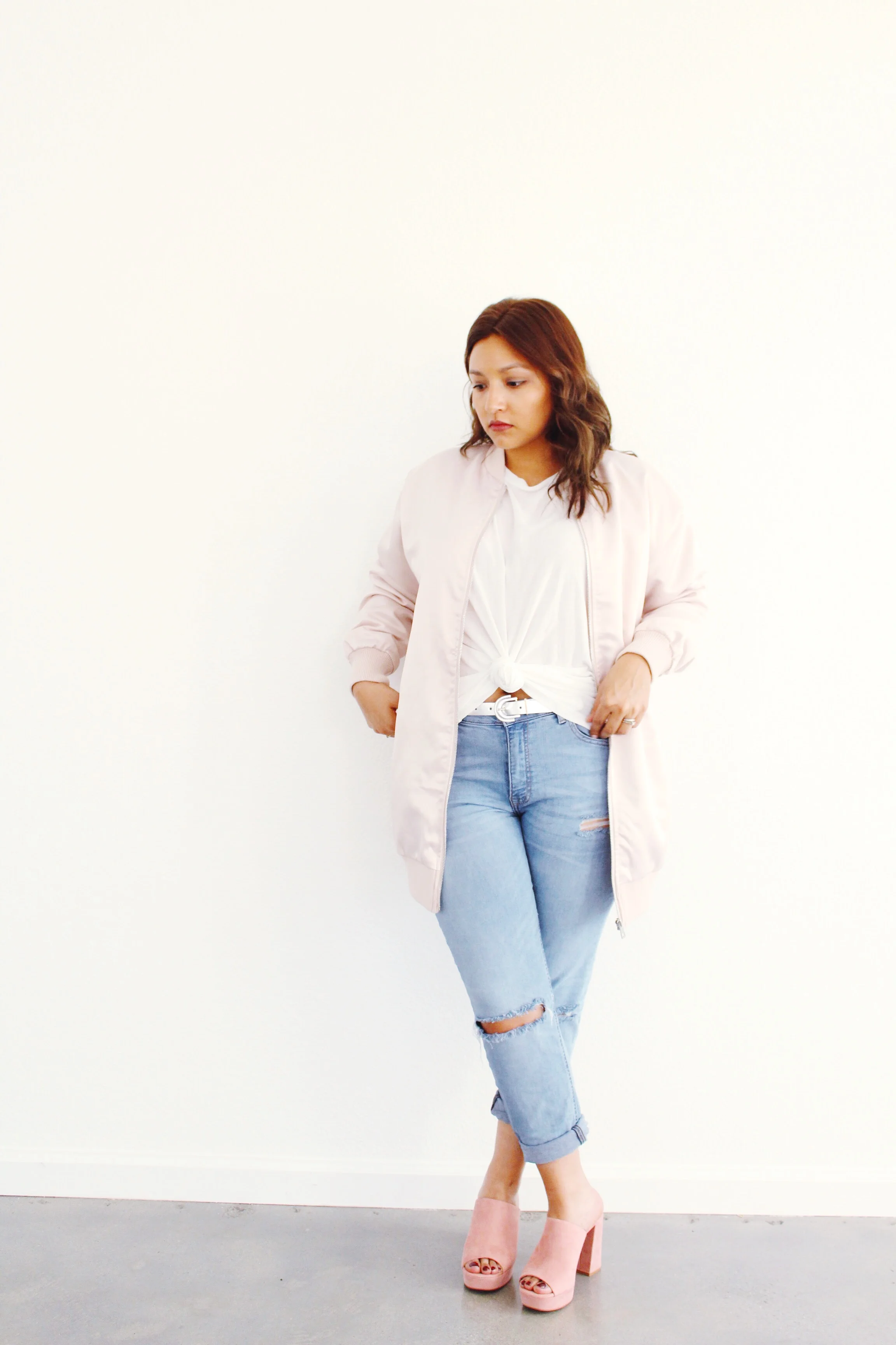 Blush Pink Long Satin Bomber with pink suede mule shoes 