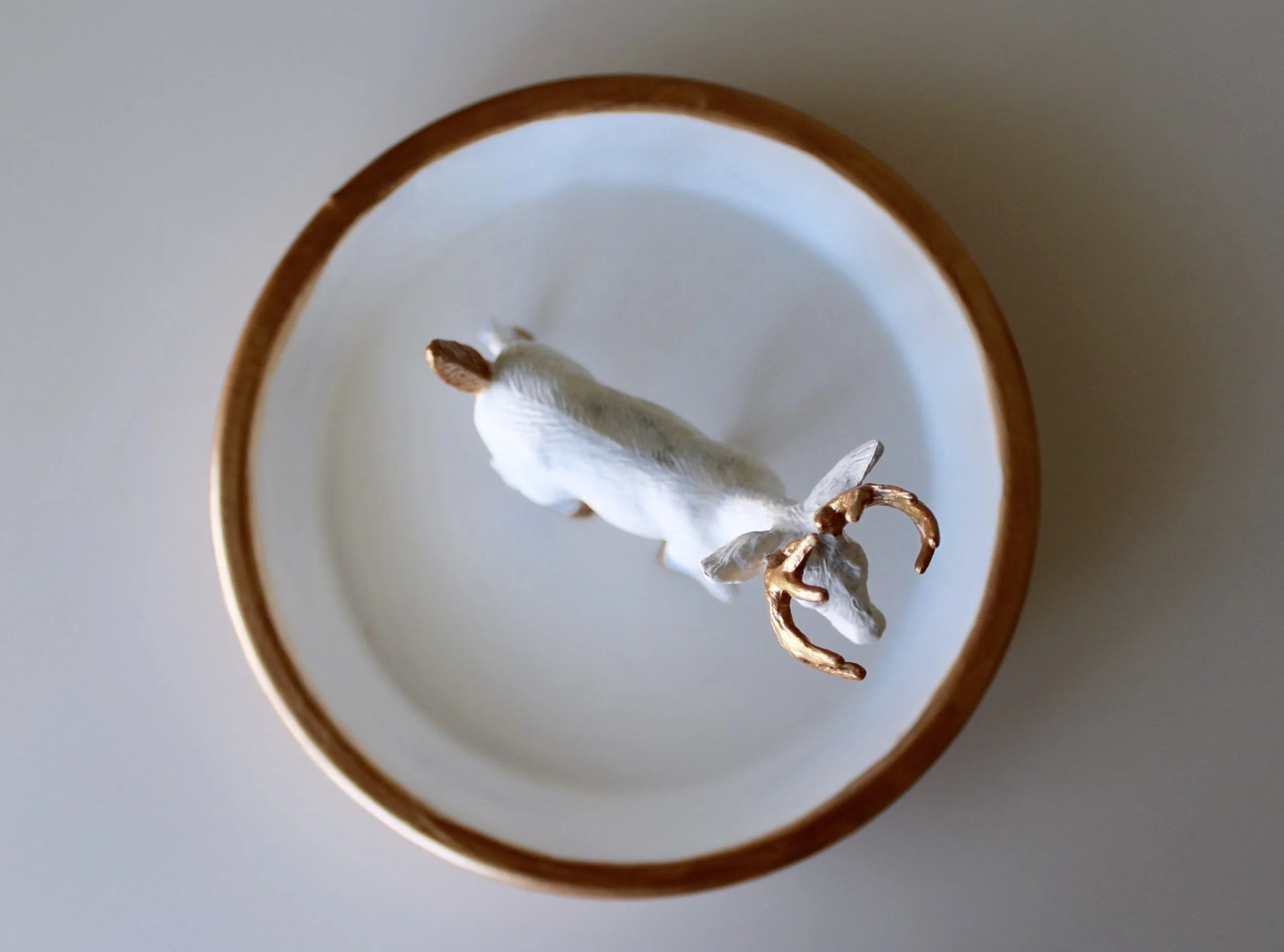 DIY Deer Figurine Jewelry Dish painted in white and rose gold 