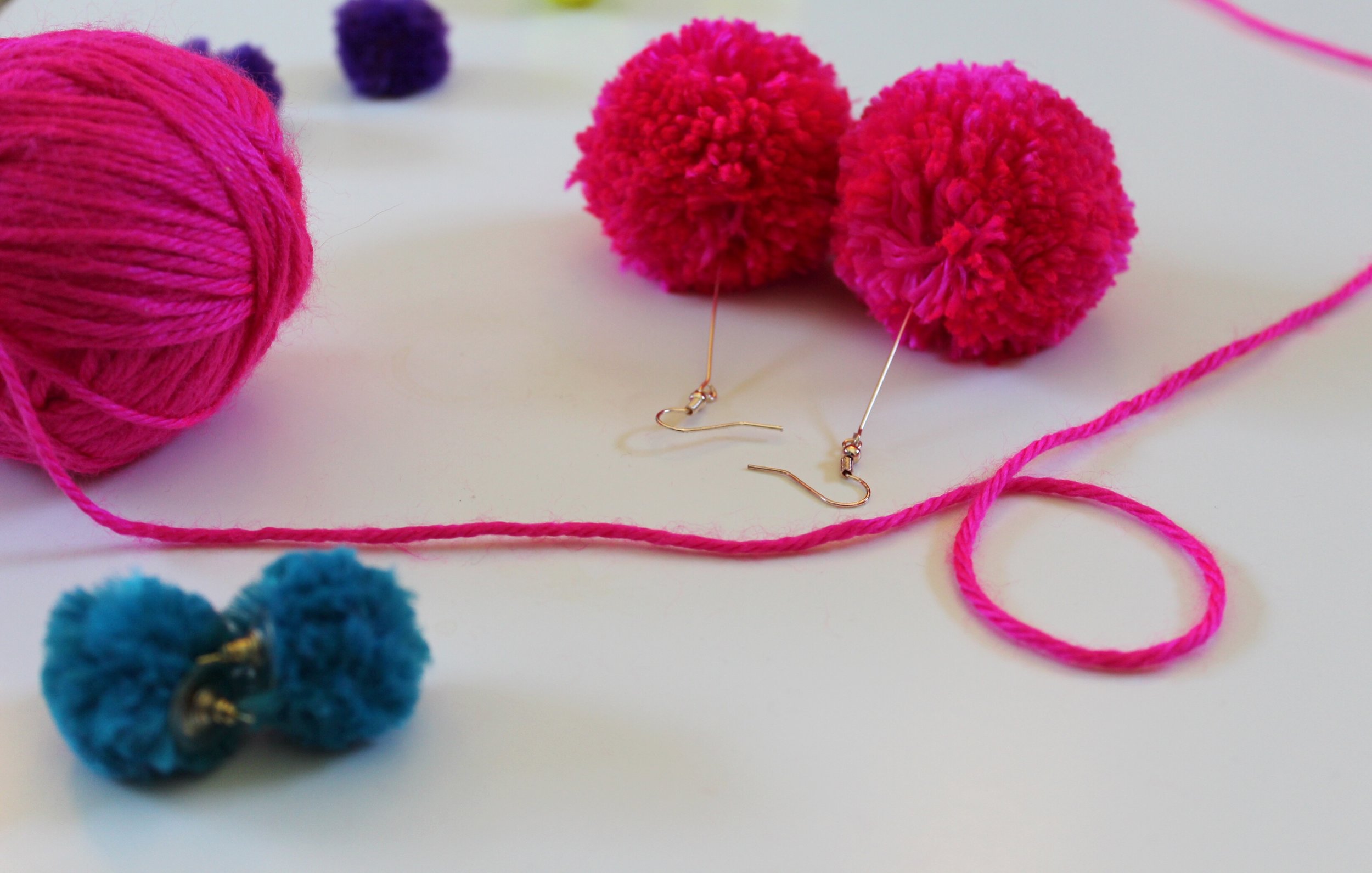 Hot Pink Yarn Ball and Pom Pom Earrings 