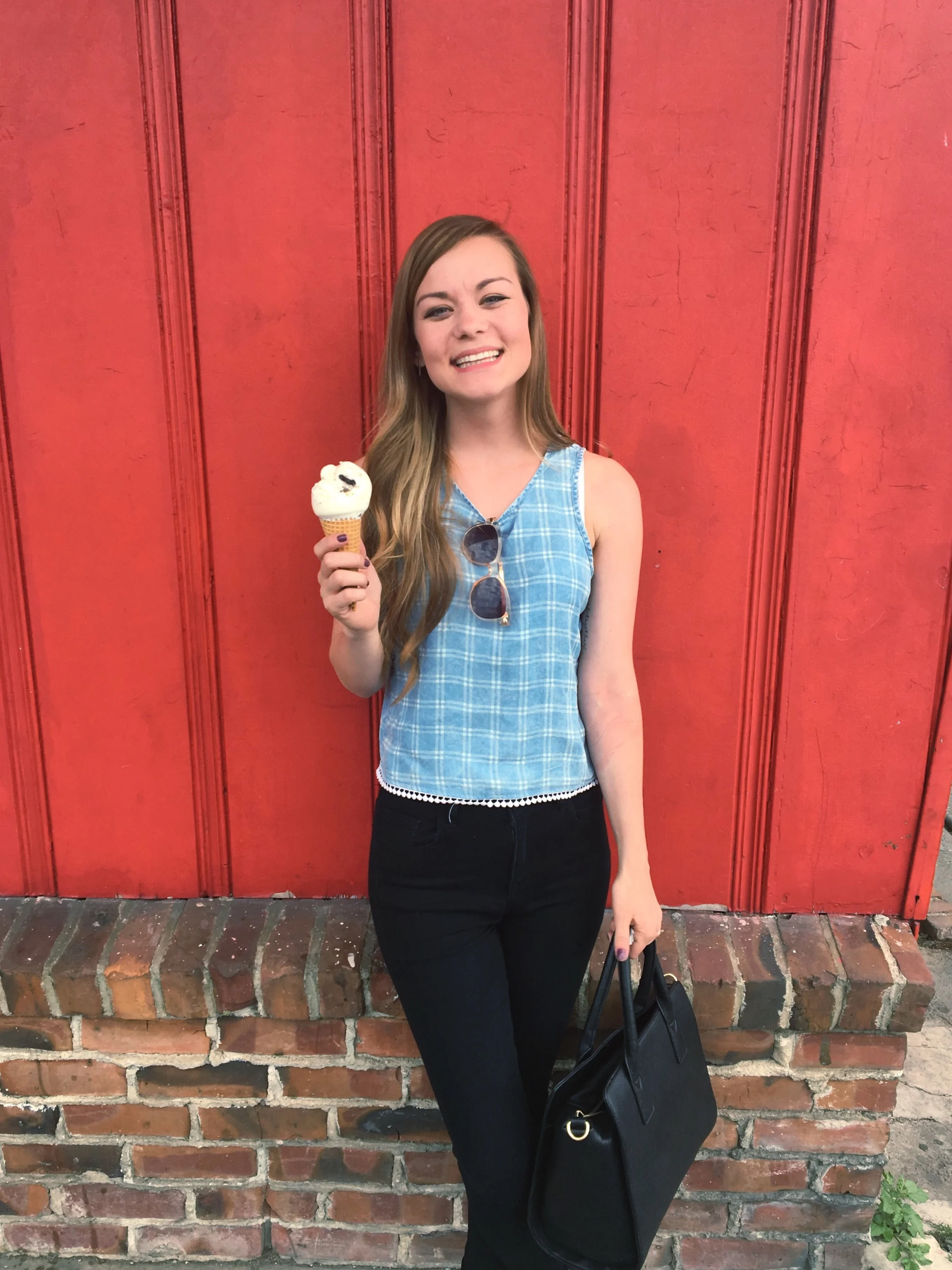 Marianne's Ice Cream Shop in Santa Cruz, California. Blue Plaid Tank Top. 