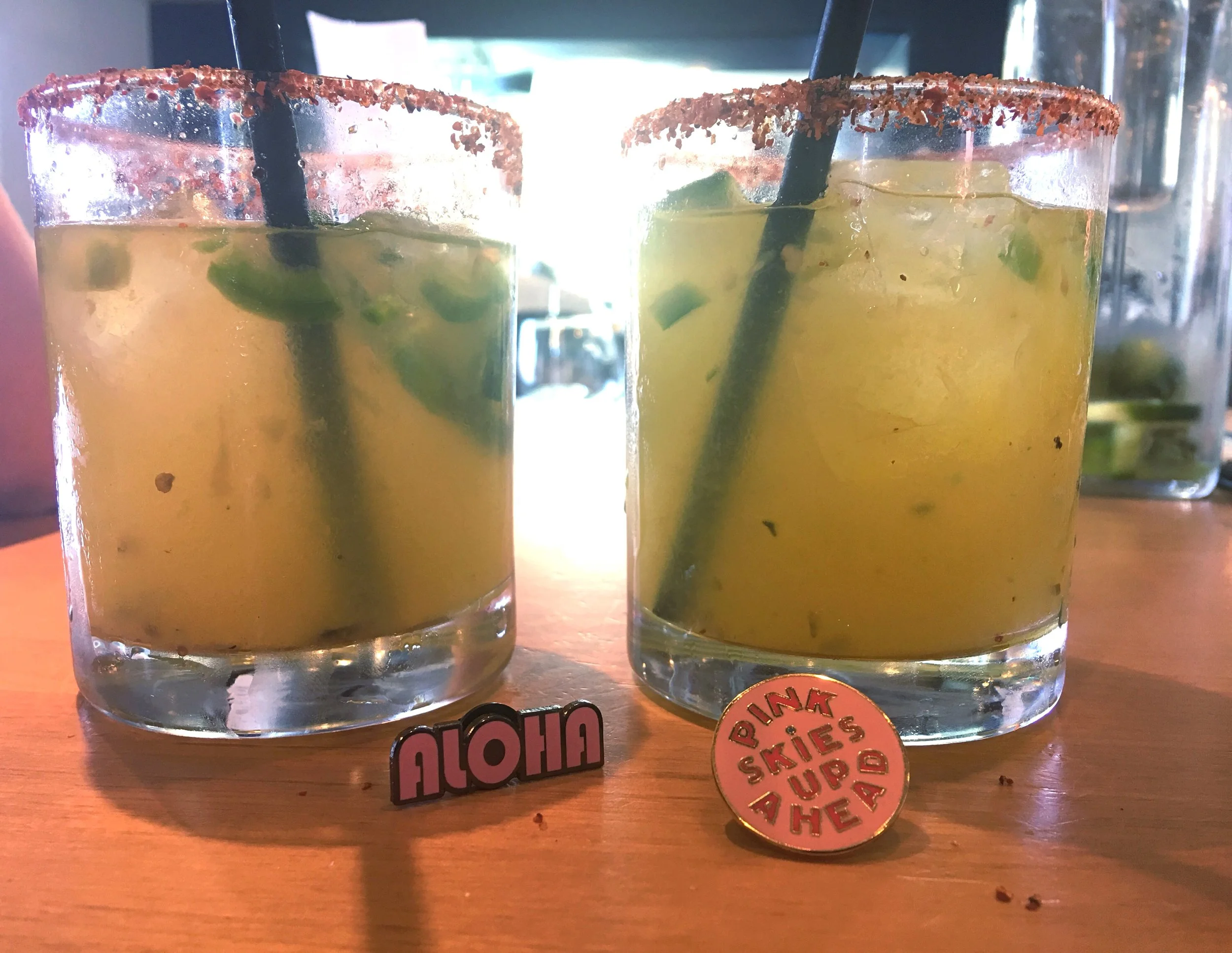 Spicy Jalapeno Margarita from Margaritaville. Aloha Dolkii Pin and Pink Skies Up Ahead Ban.do Pin. M