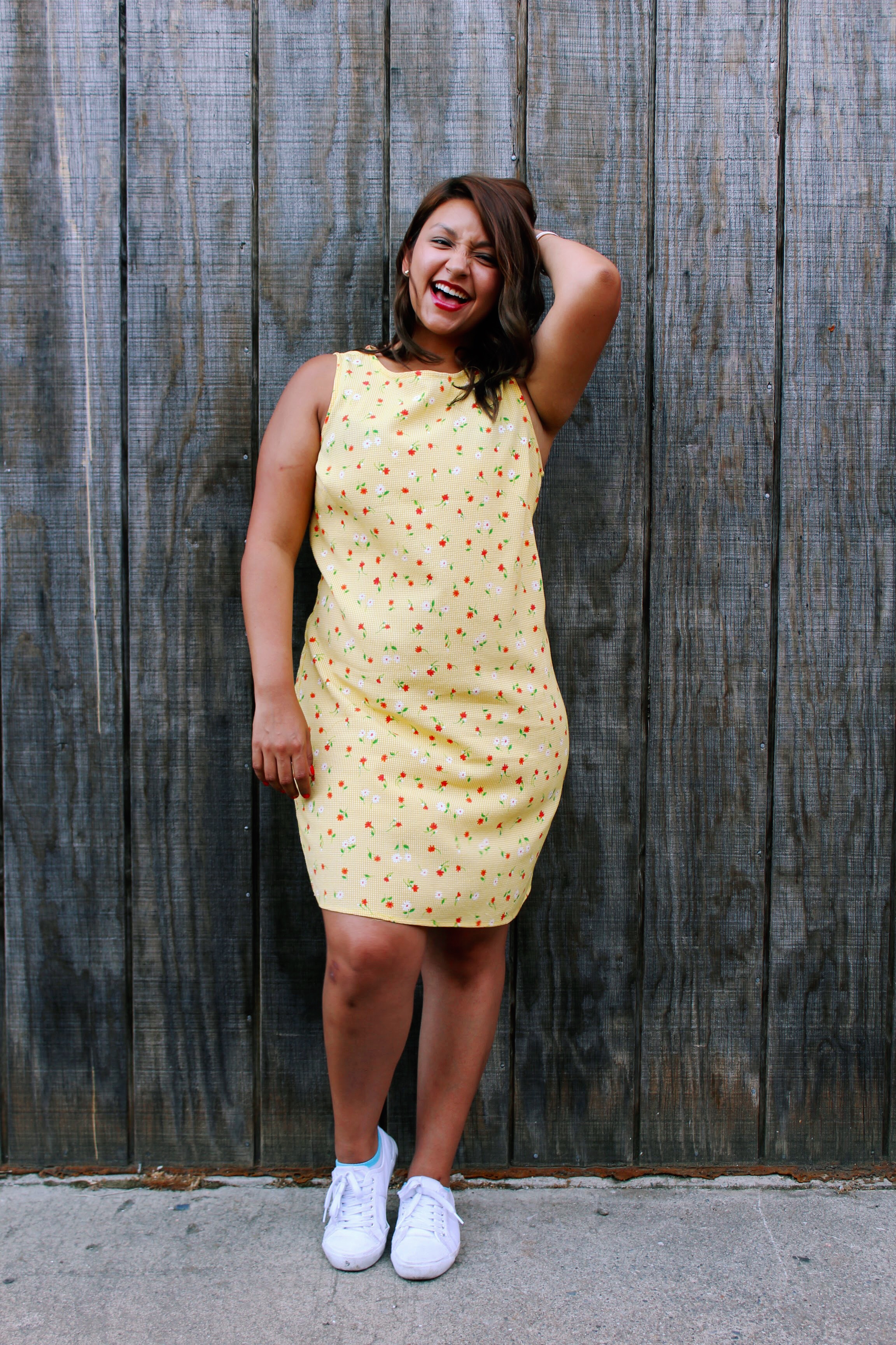 Sleeveless Yellow Floral Dress and White Sneakers 