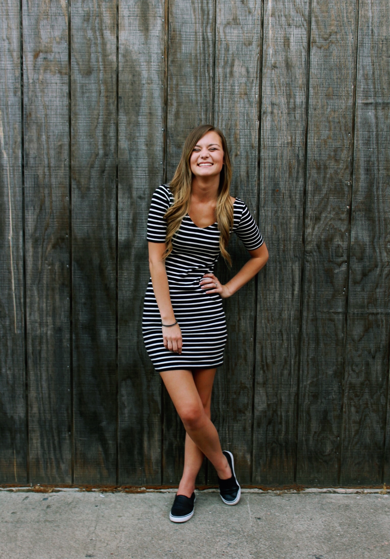 3/4 Sleeve Stripe BodyCon Dress and Black Slip-On Sneakers