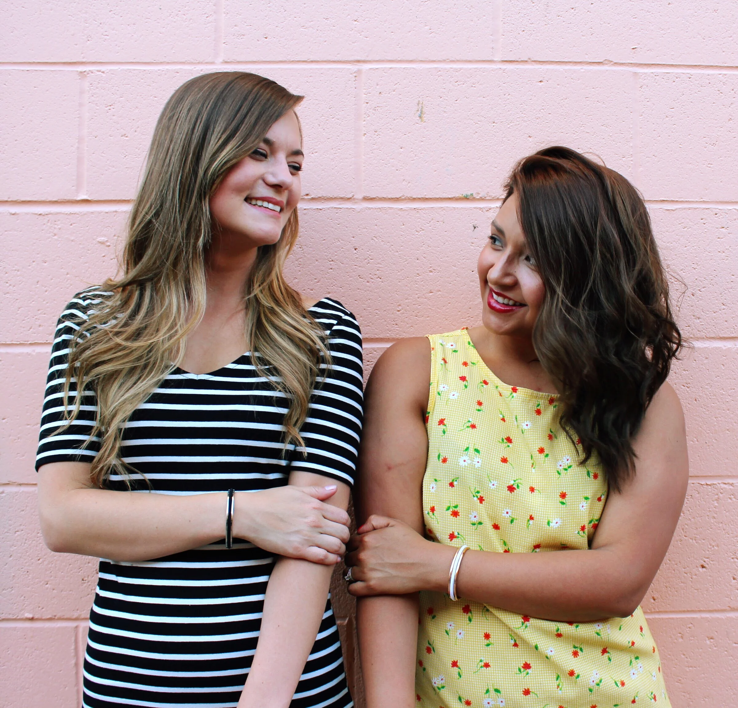 Pink Wall, BFF's Celebrating National Best Friend Day. Second Hand Floral Yellow Dress and Striped H&M BodyCon Dress. 