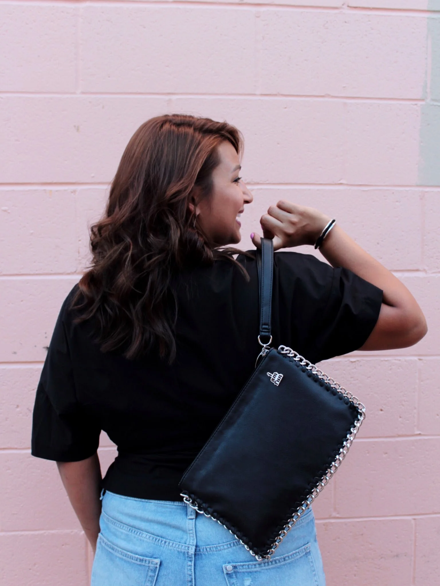 Carlos Santa Black Wristlet with Chain Detail 