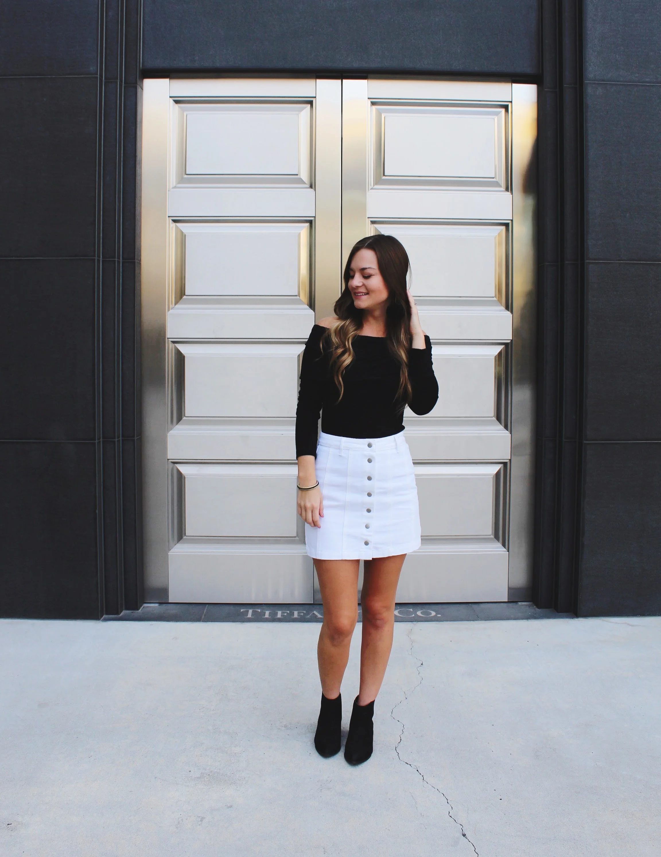 Fall Fashion/ transitional weather outfits/ black off the shoulder top / white button down skirt/ black ankle boots 