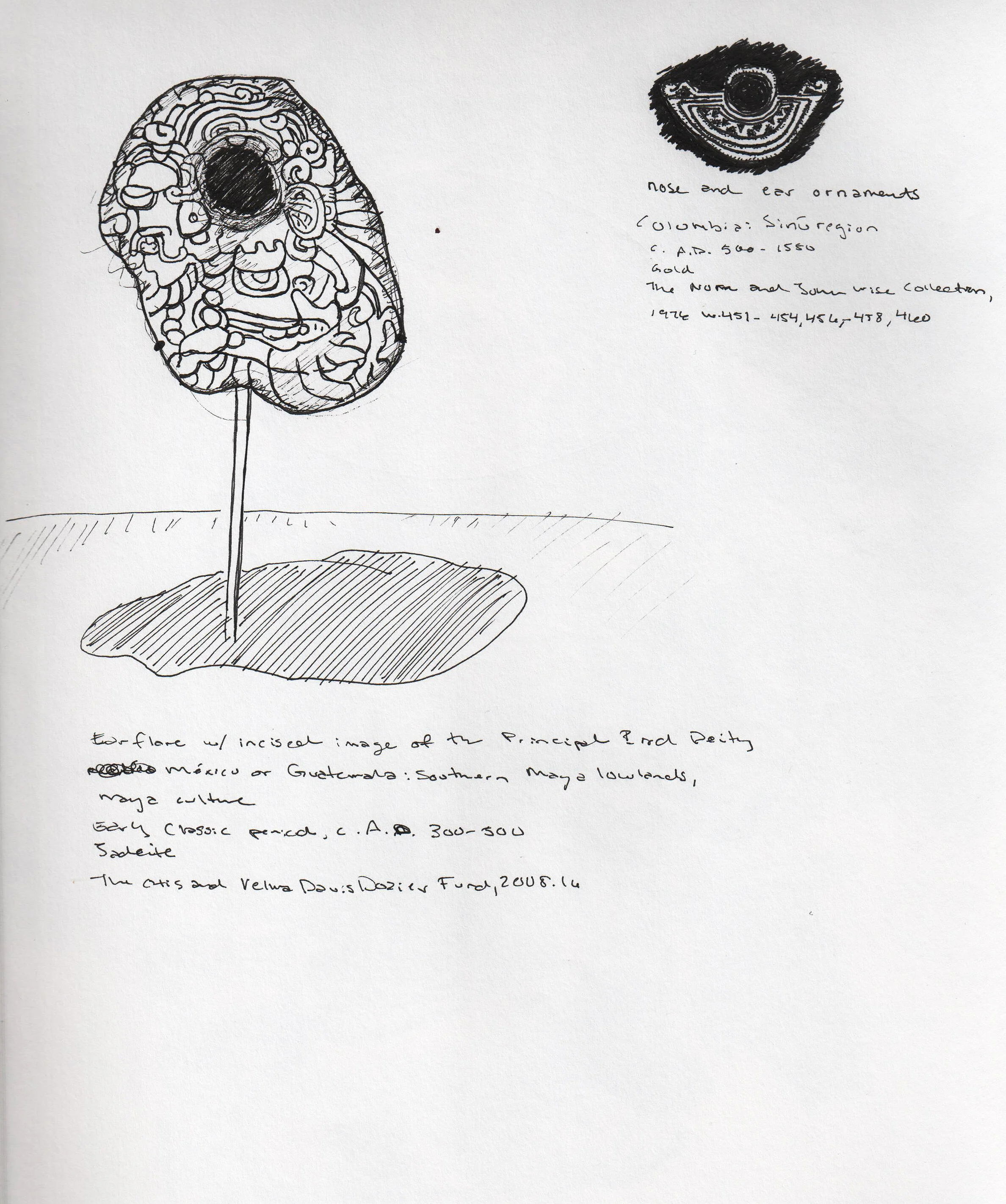 Eearflare w/ incised image of the principal bird deity//Nose and ear ornaments