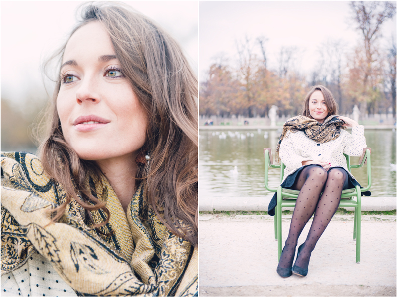 Portrait photo shoot in Paris by the big fountain of the Tuileries Gardens, Pure and Elegant.