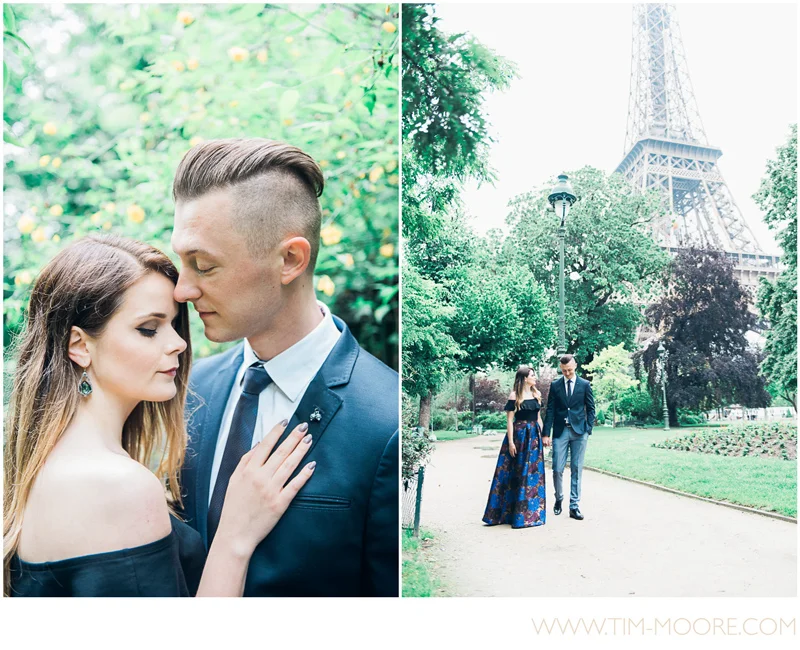 Our beautiful couple walking together by the Eiffel Tower in Paris during their session with Paris Photographer Tim Moore