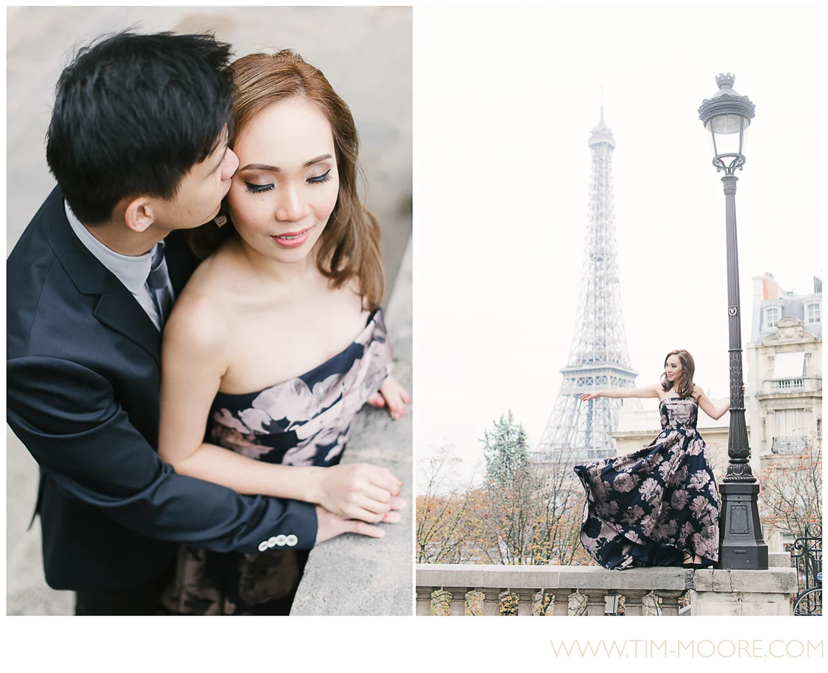 Paris photographer Tim Moore - Mink and Herlina engagement photo shoot in Paris. Fall warm colors, the Eiffel tower and the very special connection between these two love birds made it a very special moment of their lives.