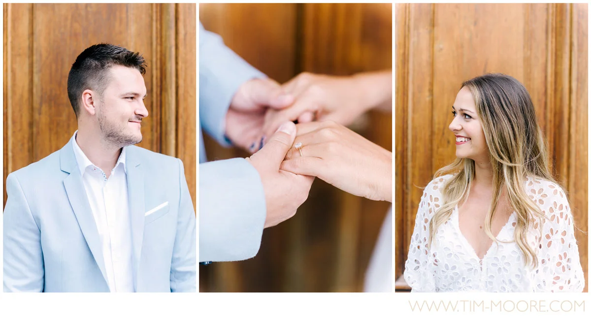 Paris Photographer - Love birds looking at each others deep in the eyes during their engagement photo shoot in Paris