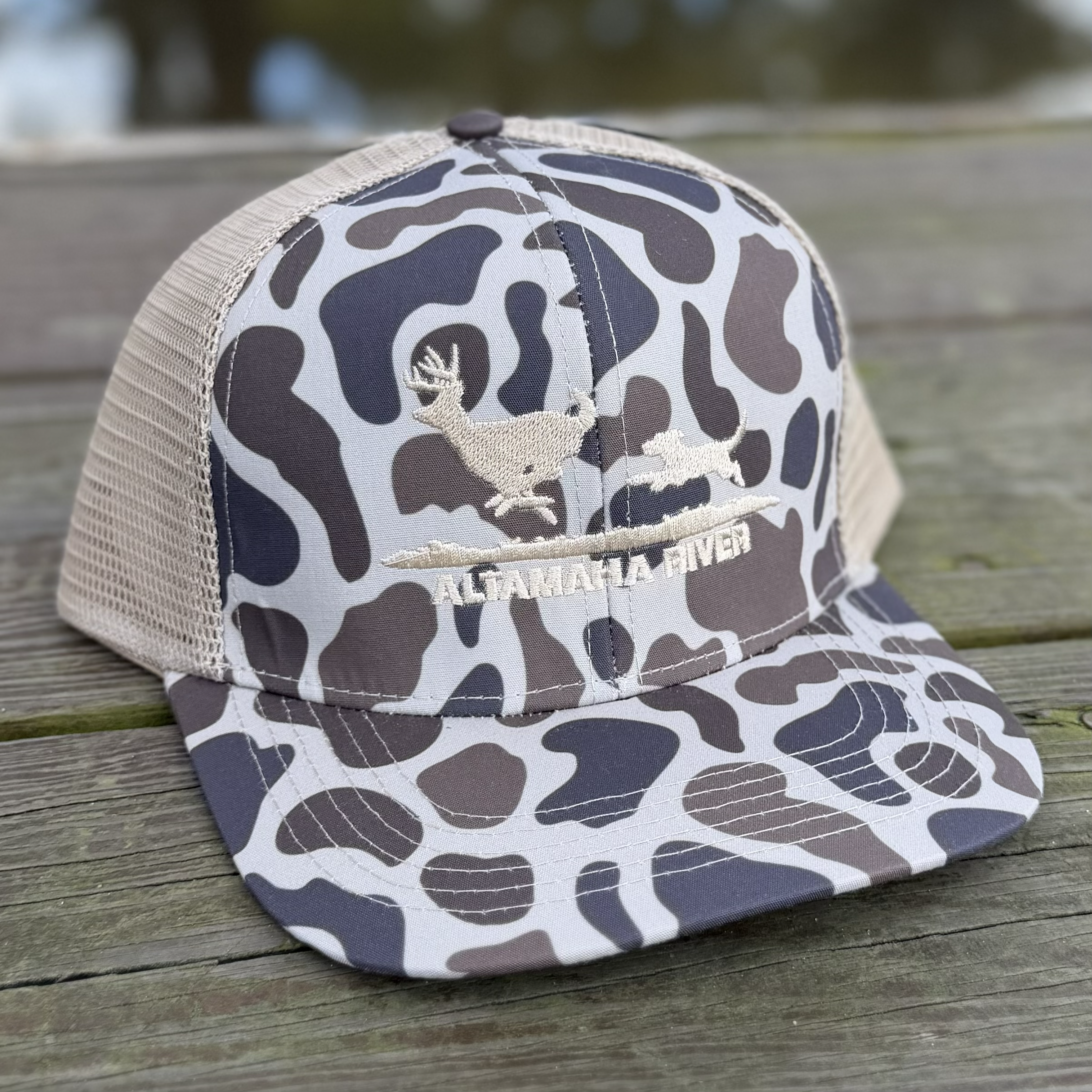 Altamaha River Dog Running Deer Hat - Slough Camo Snapback.png
