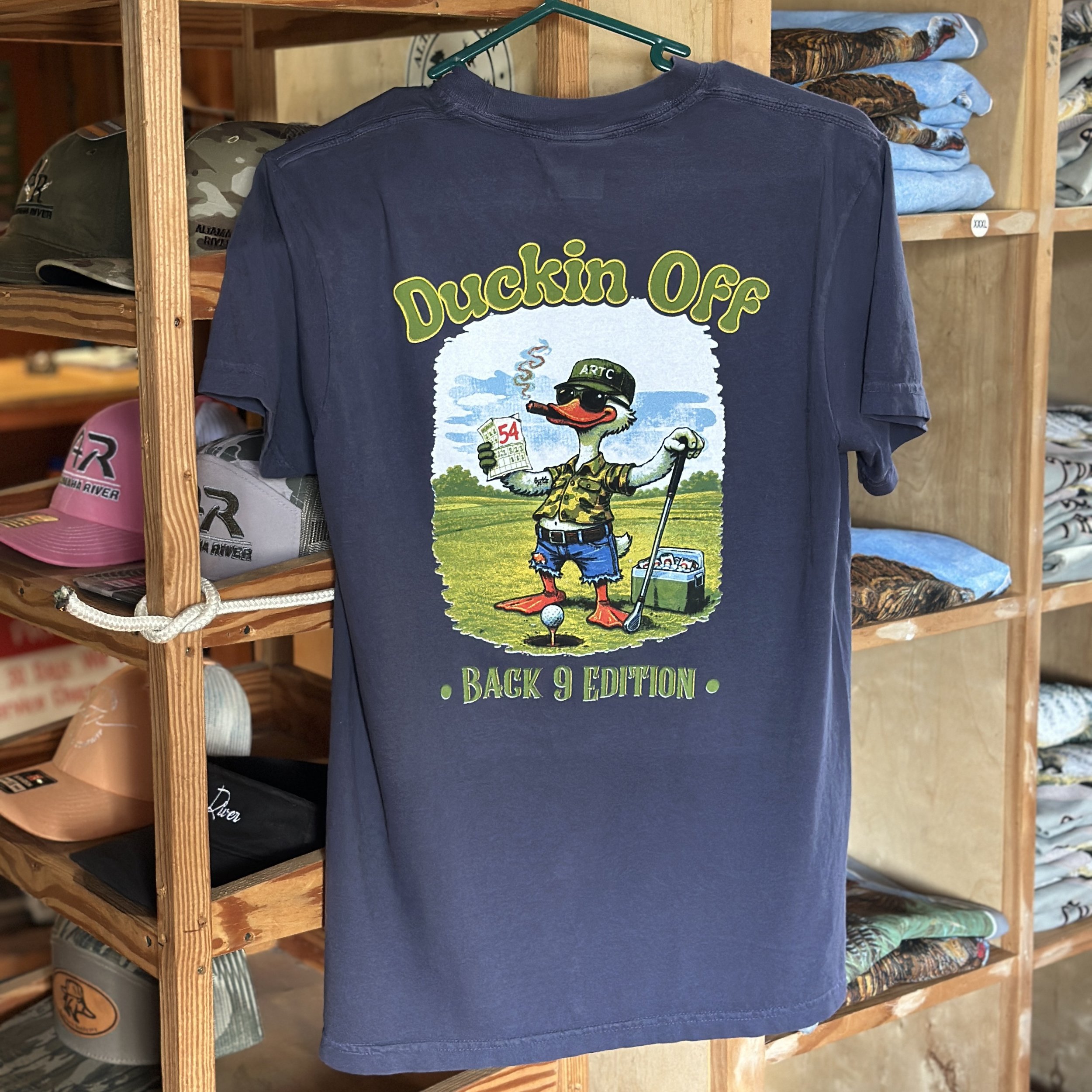 Navy “Duckin’ Off – Back 9 Edition” T-Shirt back view.jpg
