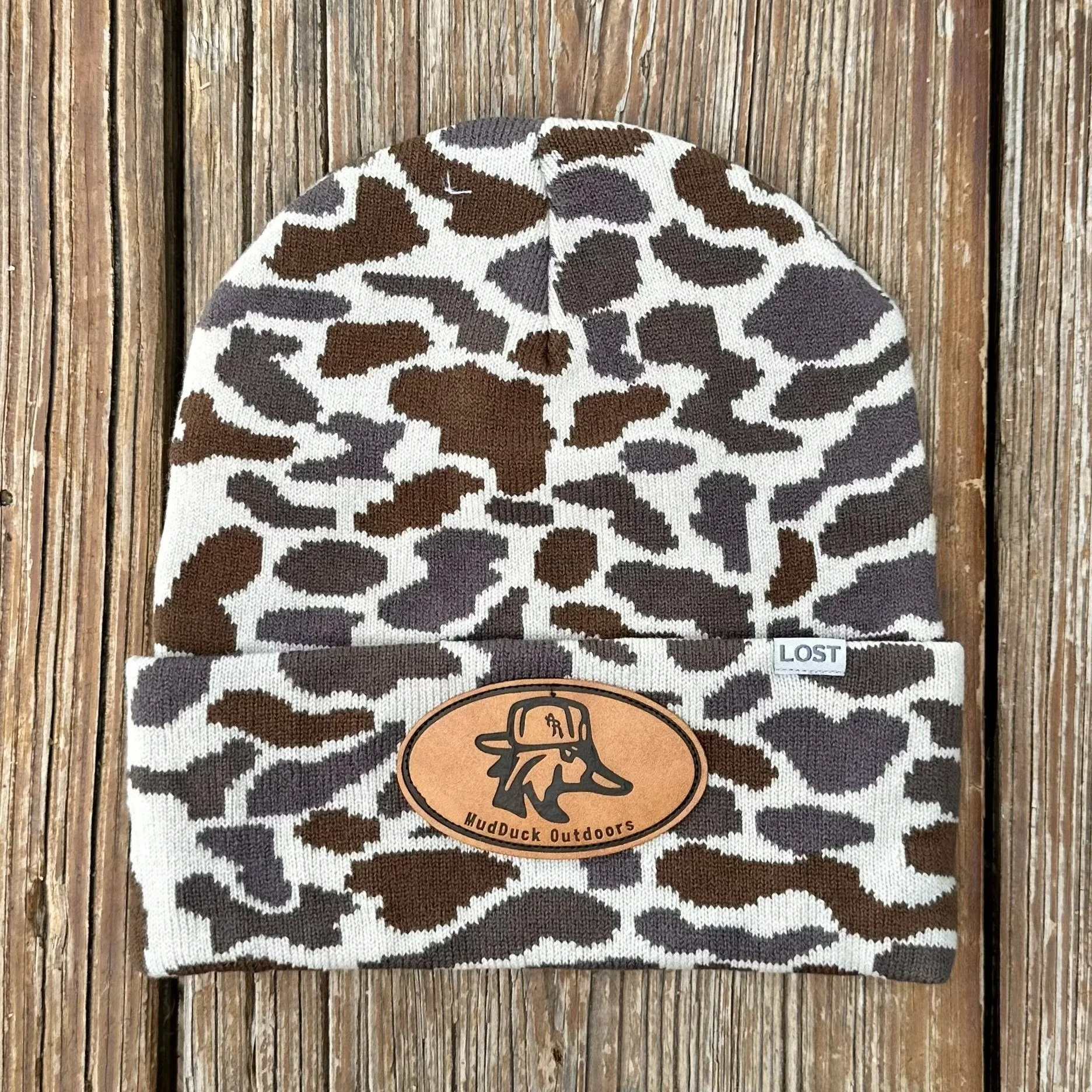 Camo MudDuck Outdoors Leather Patch Beanie