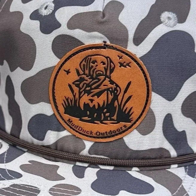 Daddy + Me Matching Retriever Leather Patch Camo Rope Hat Bundle – MudDuck Outdoors (Adult + Youth) detail of patch