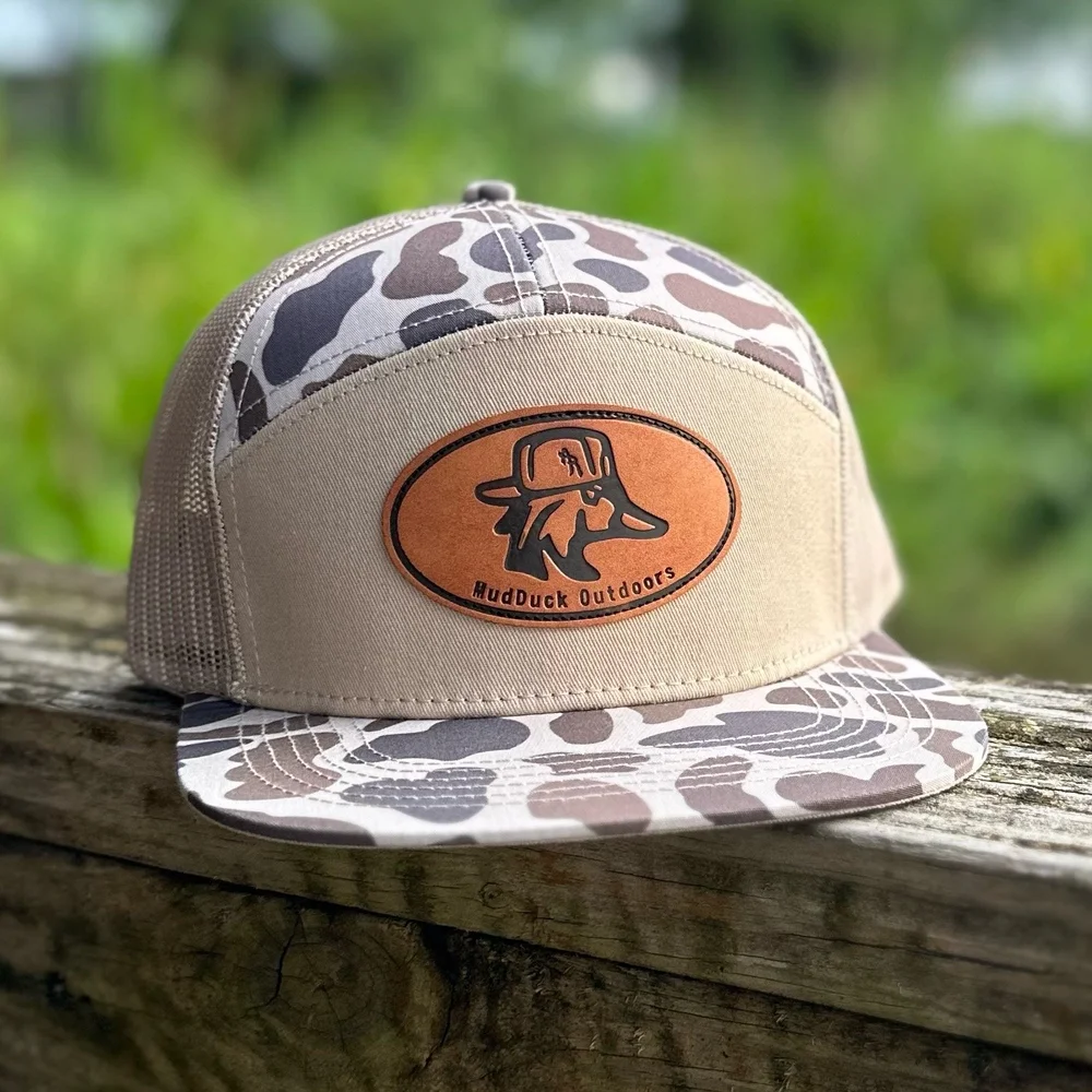 Camo MudDuck Outdoors Leather Patch Flat Bill Hat — Altamaha River