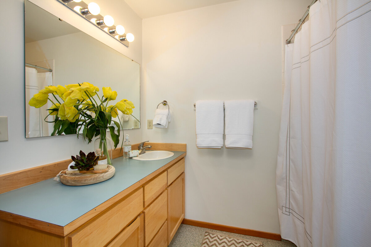 An additional bathroom offers a large mirror, ample counter space, and a shower and tub. 