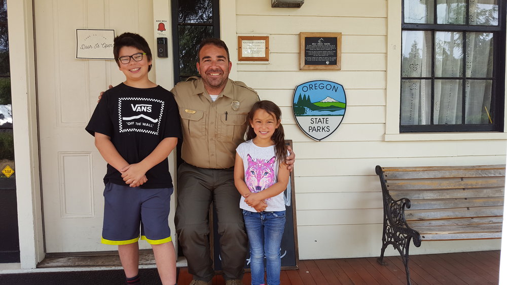 Ilias and Olivia with Oregon State Park ranger Tony Silva