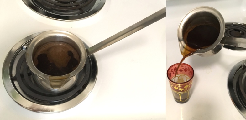 Turkish coffee brewed in a finjan .