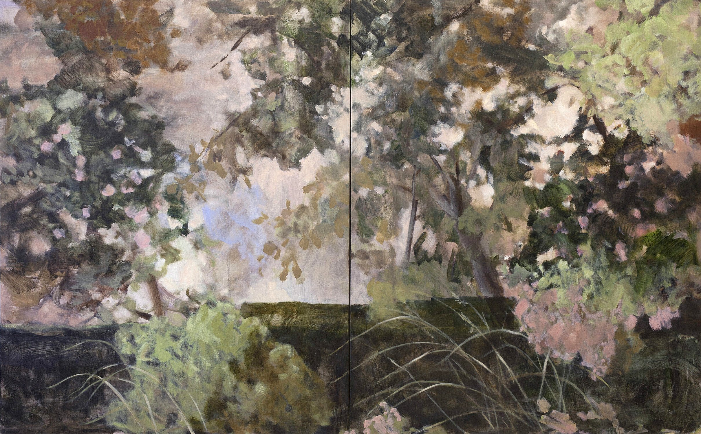   Camellia Trees,  2020  oil on linen, two panels, total 183 x 295cm 