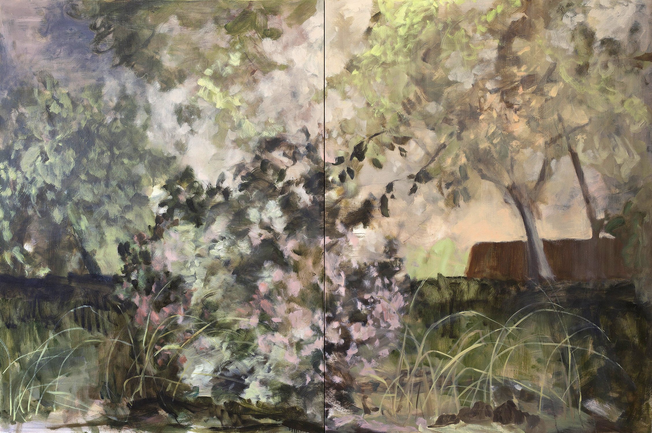   Pink Viburnum,  2020  oil on linen, two panels, total 183 x 275cm 