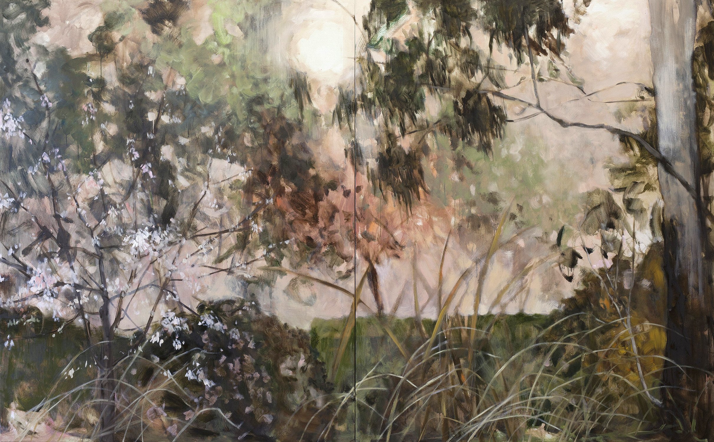   Boundary Hedge, Another Dry Spring,  2020  oil on linen, two panels, total 183 x 295cm 