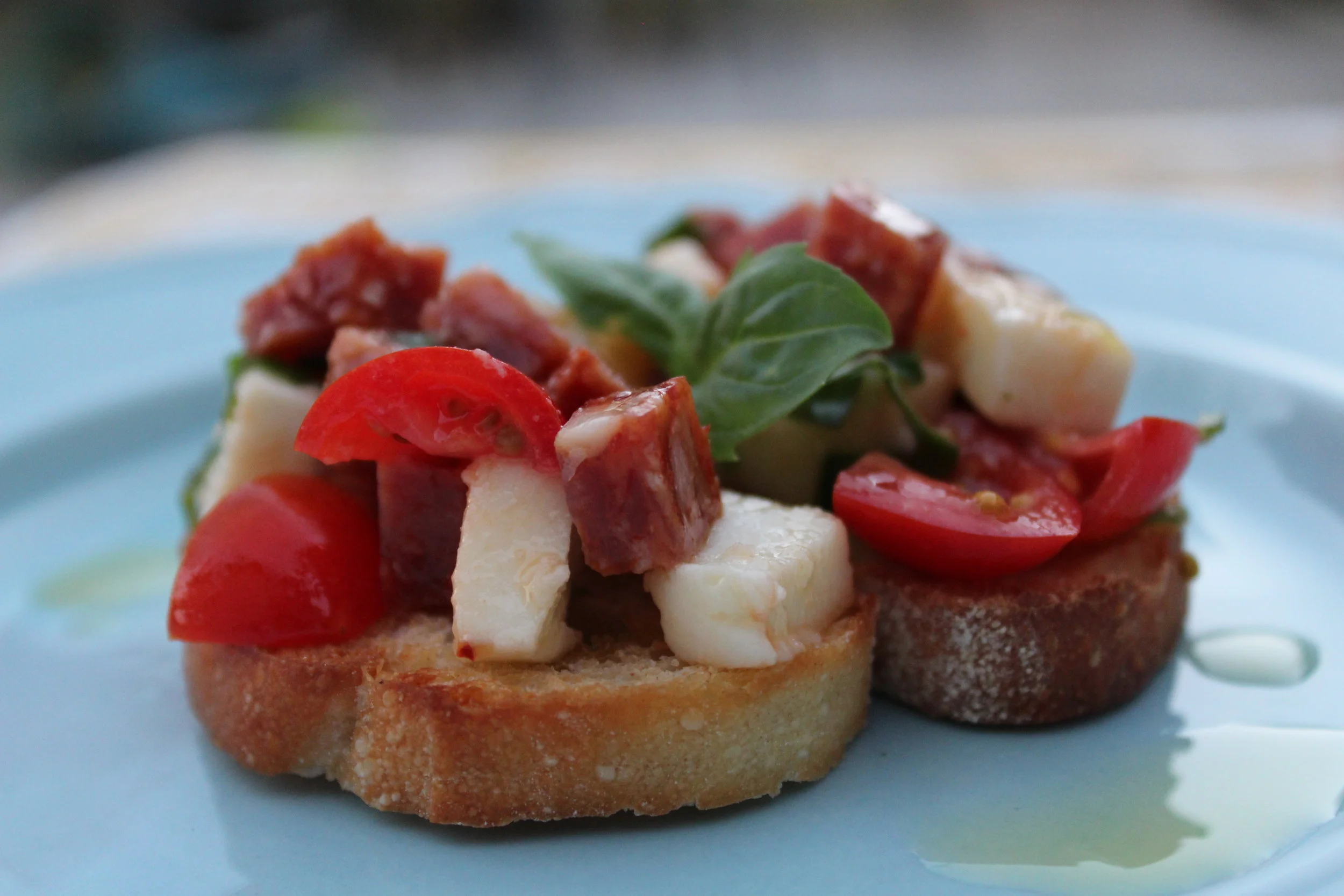 Sopressata Caprese Bruschetta creative and colorful Italian Inspired