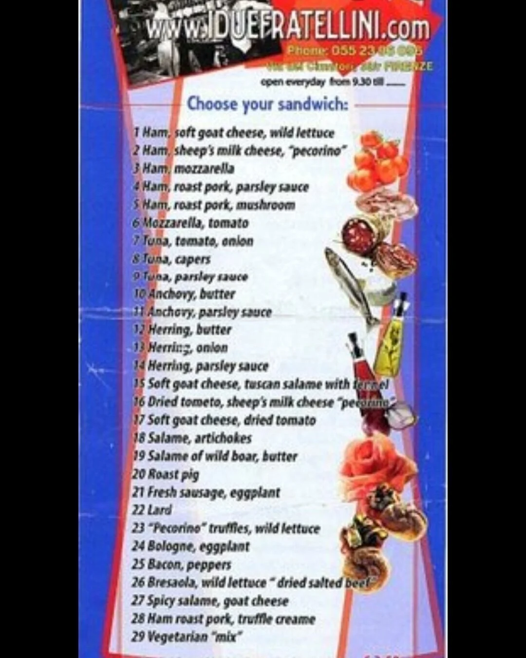 the menu from I Fratellini - Florence, Italy