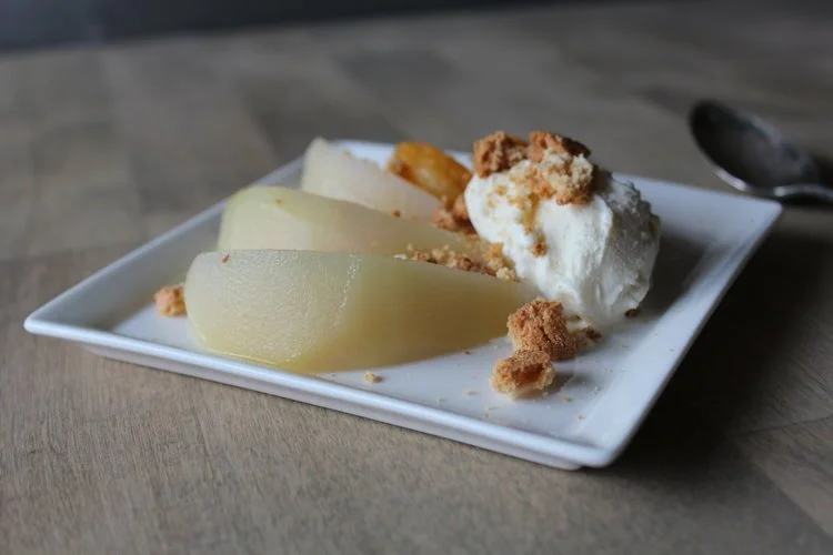 Poached Fruit with Ice Cream &amp; Amaretti Cookie Crumble