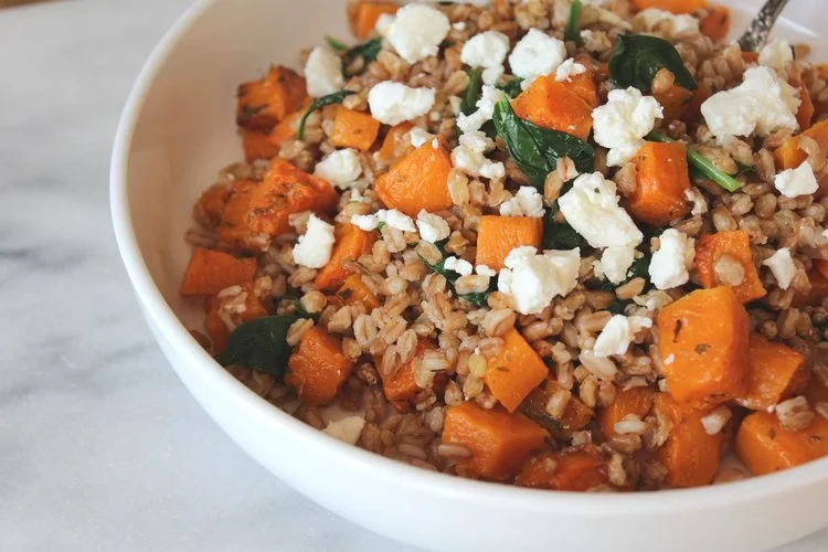 Warm Farro and Butternut Squash Salad with Spinach