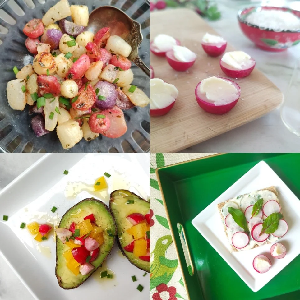 4 Tasty Radish Recipes - Radish Tea Sandwiches, French Buttered Radishes, Avocado w/ Radish Salad &amp; Roasted Radishes