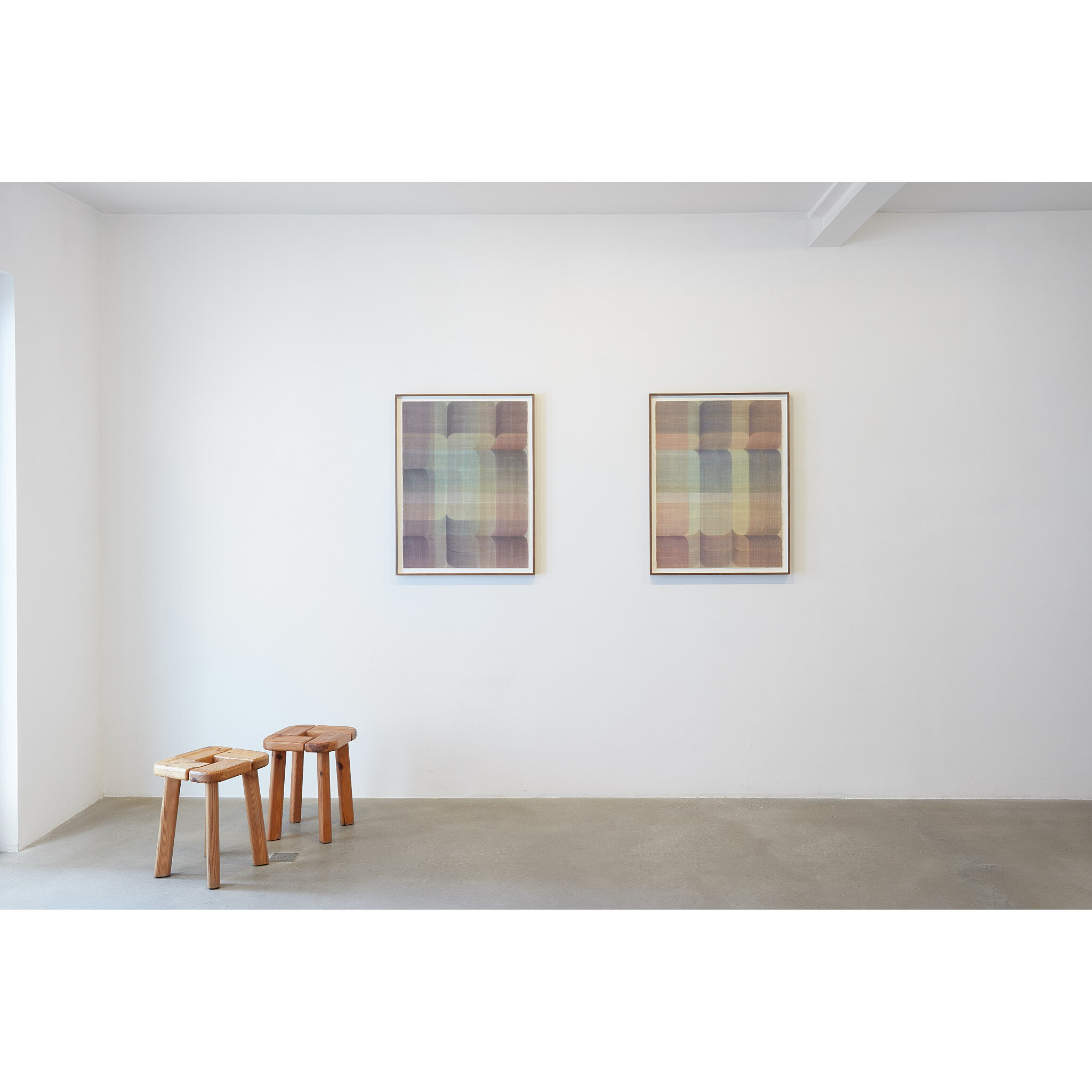  Two  Blanket  paintings   Installation view at Stephane Simoens , Belgium  Casein paint on paper  Each 76 x 56 cm (unframed) 