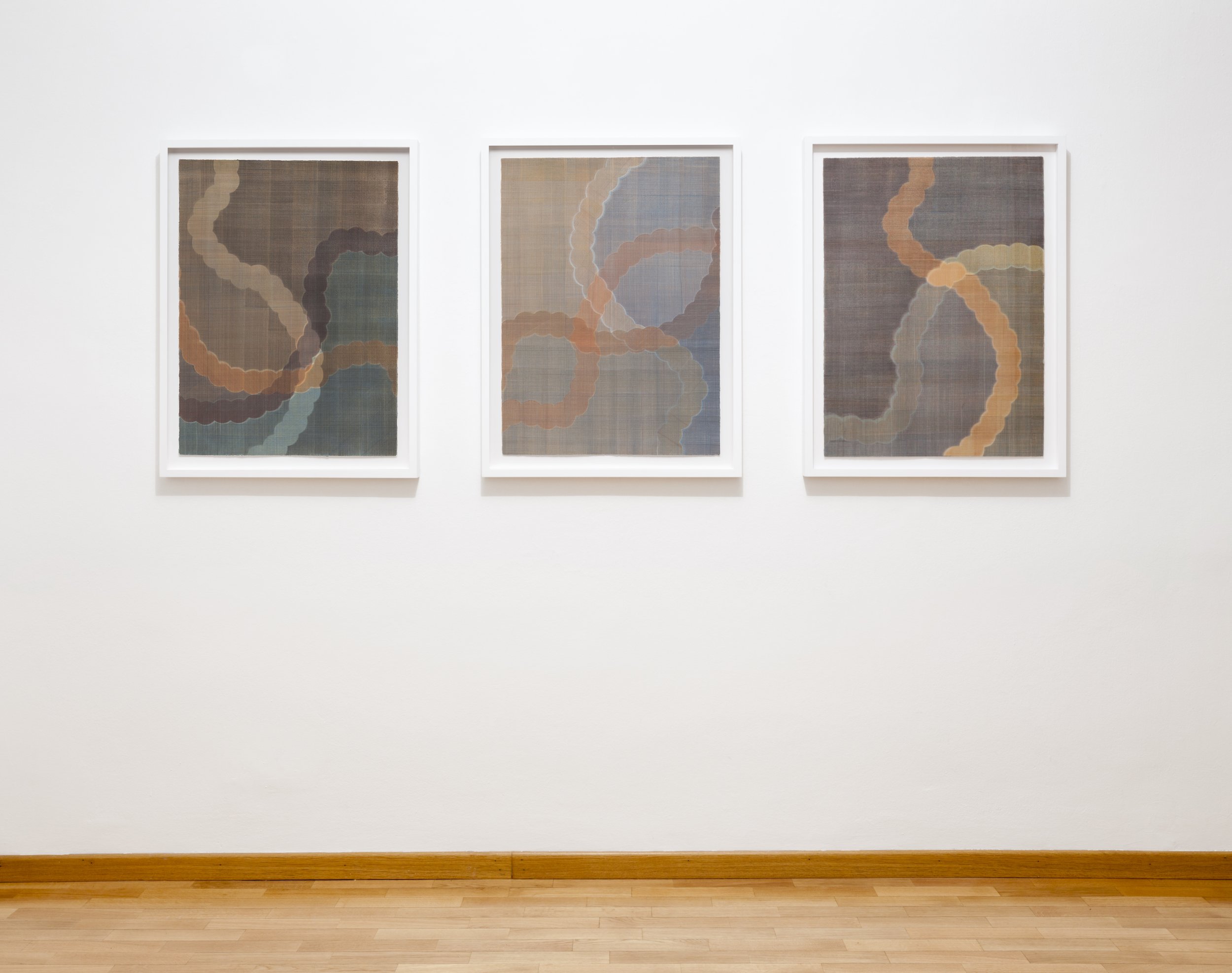  Three works from the  X  series   Installation view at Monica de Cardenas, Milan  Casein paint on paper  Each 76 x 56 cm (unframed)   